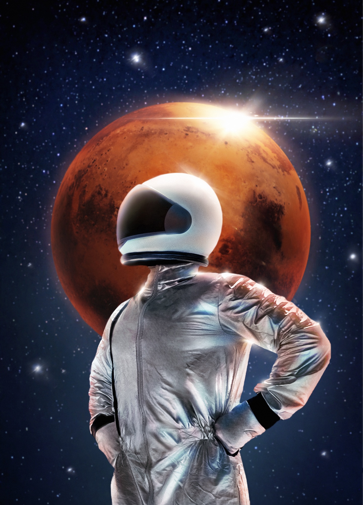 Tripulante em traje espacial, retratado em duotone azul-marinho e teal